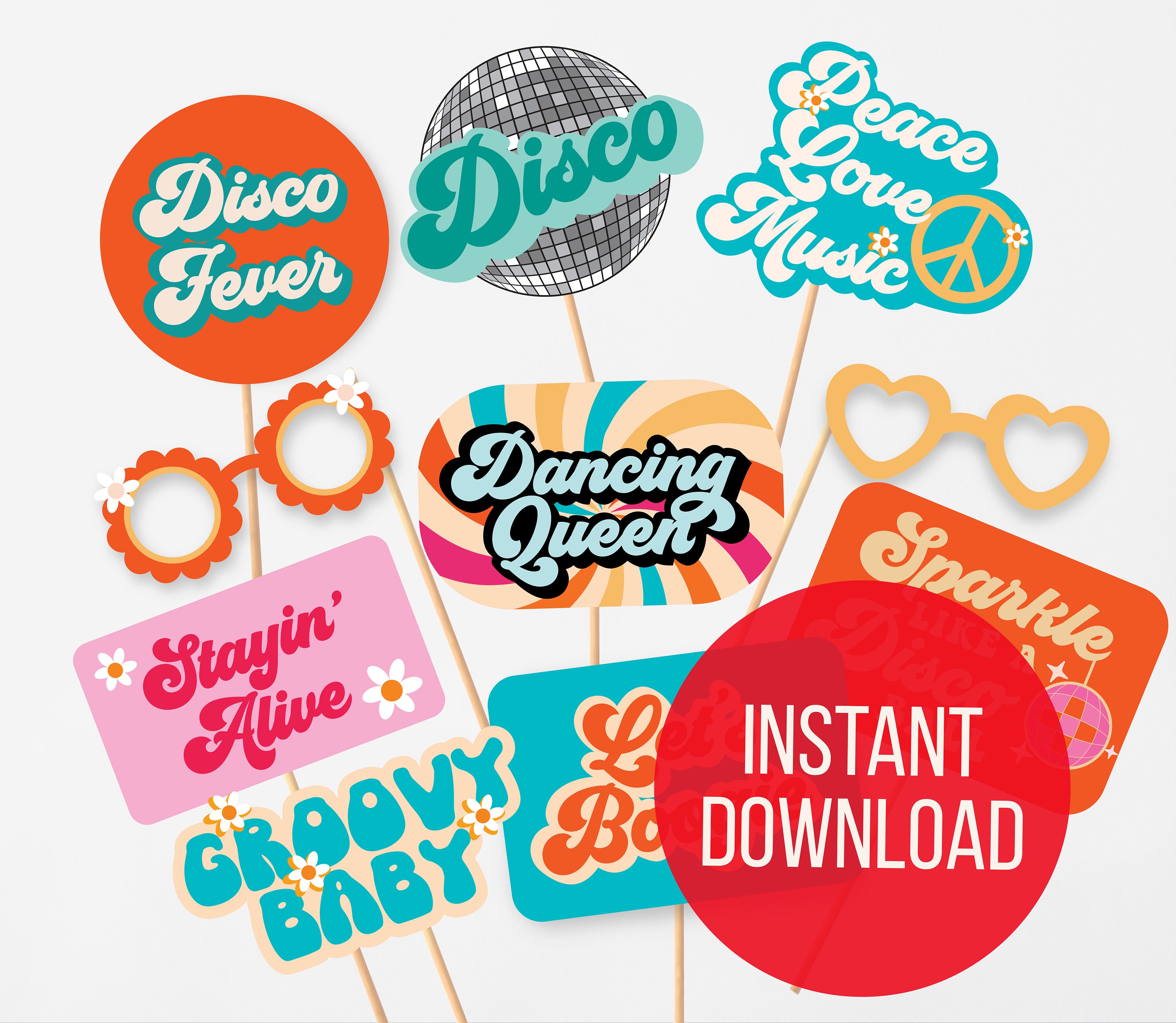 Instant Download Retro Disco theme photo props for birthday digital photo booth Disco theme photo props Groovy 70s theme