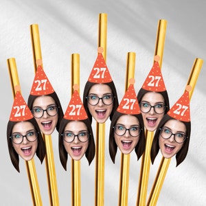 Customized Face Photo gold hat straws for first milestone birthday photos party hat custom straws party decoration face on straw customized