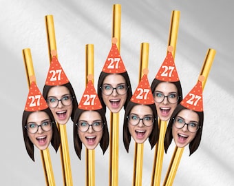 Customized Face Photo gold hat straws for first milestone birthday photos party hat custom straws party decoration face on straw customized