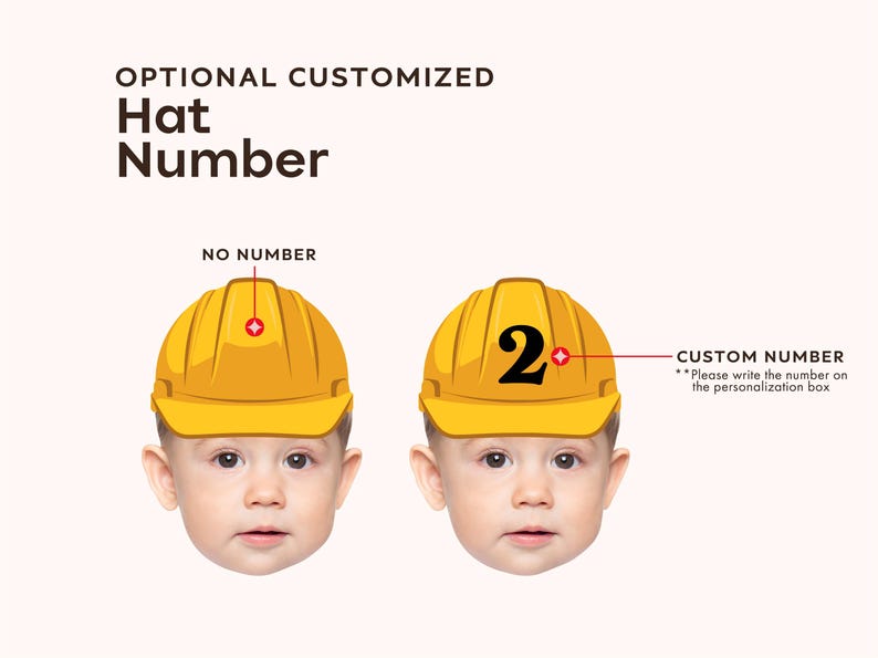 May include: Two illustrations of a baby wearing a yellow hard hat. The left hat has no number, while the right hat features the black number 2. Text reads: OPTIONAL CUSTOMIZED Hat Number, NO NUMBER, CUSTOM NUMBER **Please write the number on the personalization box.