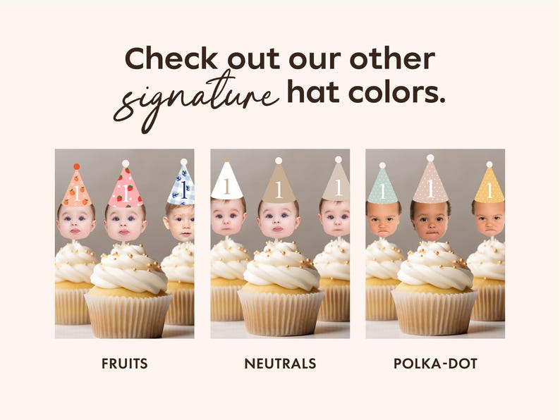 Anpassad hatt-ansiktsbanderoll för första milstolpe födelsedag, pastellfärgad partyhatt, cupcake-ansikte på pinne, personlig ansiktsvev med foto, födelsedagsbanderoll bild 16