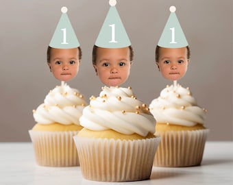 Customized Pastel Face Photo Party hat cupcake topper for first milestone birthday boho party hat easter cupcake face on stick personalized