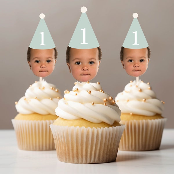 Décoration personnalisée pour cupcake avec chapeau de fête et photo de visage pastel pour le premier jalon d'anniversaire, chapeau de fête bohème, visage de cupcake de pâques sur un bâton personnalisé