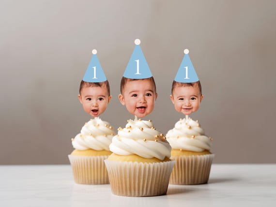 Custom baby Face Photo Party hat cupcake topper for first birthday face on stick pastel theme decoration