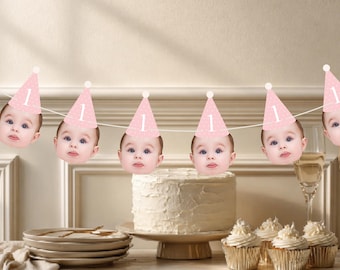 Custom Polka-Dot Hat Face Banner for first milestone birthday number party hat cupcake face on stick personalized face cutout banner party
