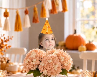 Custom Photo Centerpiece with Pumpkin Party Hat & Age Number, Little Pumpkin First Birthday