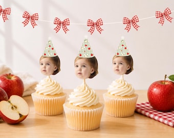Apple Gingham Birthday Face Cupcake Toppers, First Birthday Photo Cupcake Picks, Personalized Party Hat Face on Stick, ONE Sweet Apple