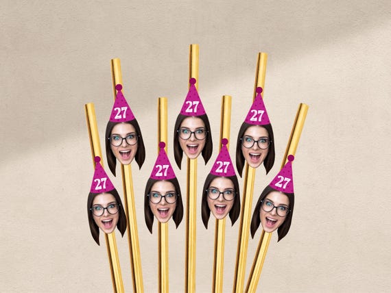 Customized Face Photo gold hat straws for first milestone birthday photos party hat custom straws party decoration face on straw customized