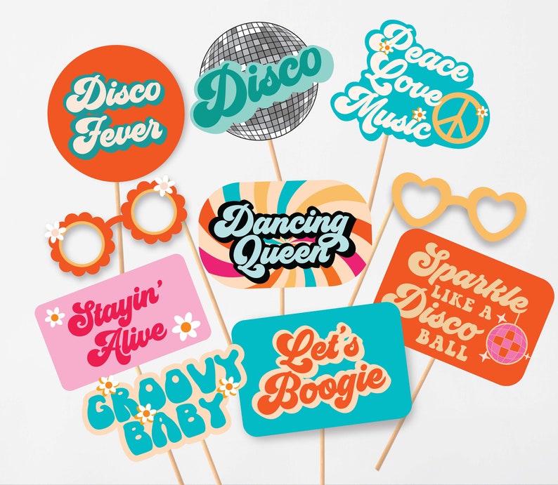Disco Theme photo props Disco theme party supplies Orange Groovy Disco theme party 70s Theme party Party Props Boho 60s Theme party Retro