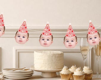 Custom Apple Birthday Face Banner Gingham Party Hat Personalized Photo Banner ONE Sweet Apple First Birthday Apple Orchard Custom Photo