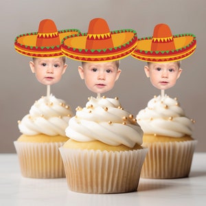 Customized Sombrero hat cupcake topper for fiesta birthday photos party hat cupcake decoration face on stick personalized Mexican hat photo