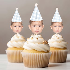 Gingham Birthday face hat cupcake topper for first birthday photos party hat cupcake decoration face on stick Spring Pastel Birthday cupcake