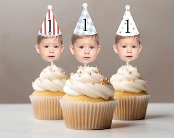 Customized Different Faces Photo Party hat cupcake topper for first milestone birthday photos party hat cupcake decoration face on stick