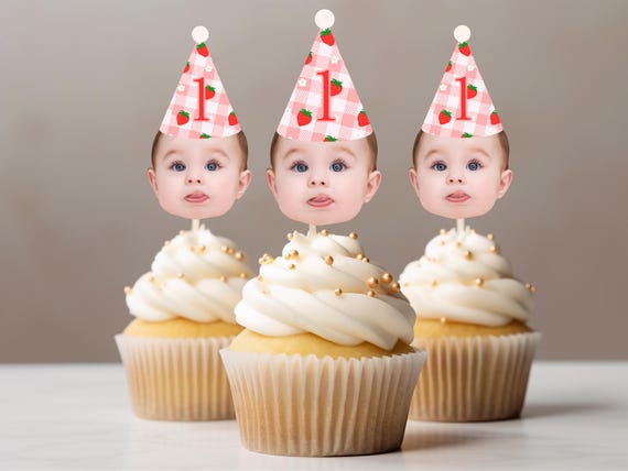 Strawberry Gingham Face Photo Party hat cupcake topper for strawberry theme birthday party hat cupcake strawberry shortcake custom decor