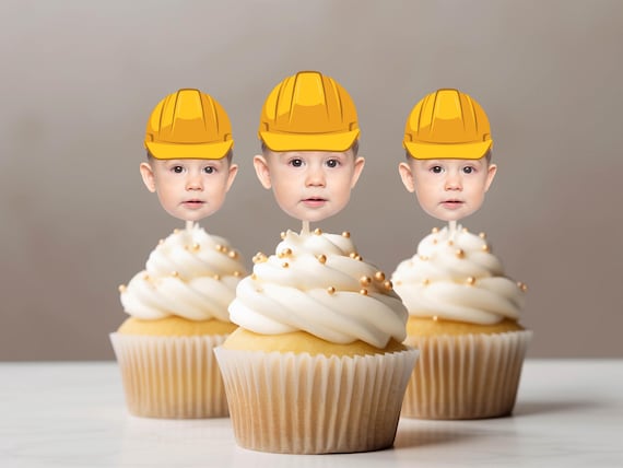 Construction Hard Hat Cupcake Toppers Custom Face Toppers Construction Birthday Party Decorations Personalized Photo Topper