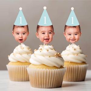 Custom Face Photo Party hat cupcake topper for first birthday face on stick pastel theme decoration