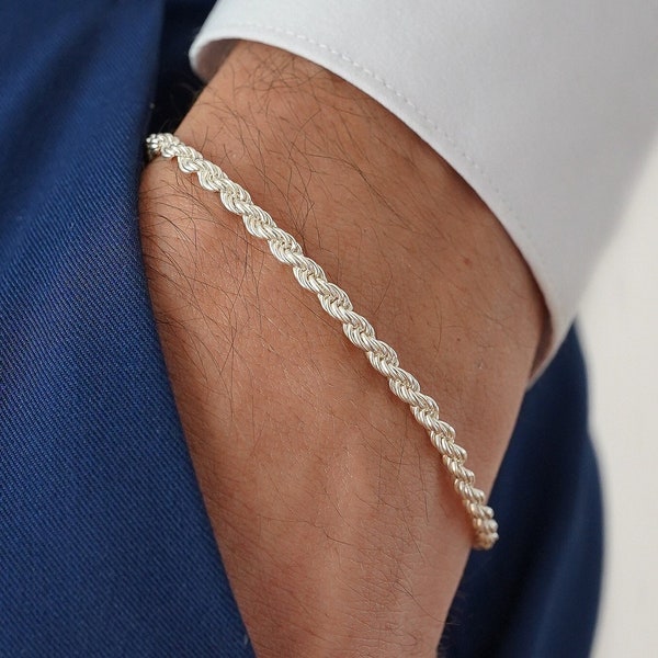 Pulsera de cadena de cuerda de plata personalizada para hombres, pulsera para hombres, pulsera mínima para hombres, regalo de aniversario para hombres