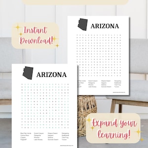 Puede incluir: Un rompecabezas de búsqueda de palabras imprimible con el estado de Arizona. El rompecabezas incluye palabras relacionadas con Arizona, como el Gran Cañón, Phoenix y Saguaro. El rompecabezas está diseñado para ser divertido y educativo para niños y adultos.