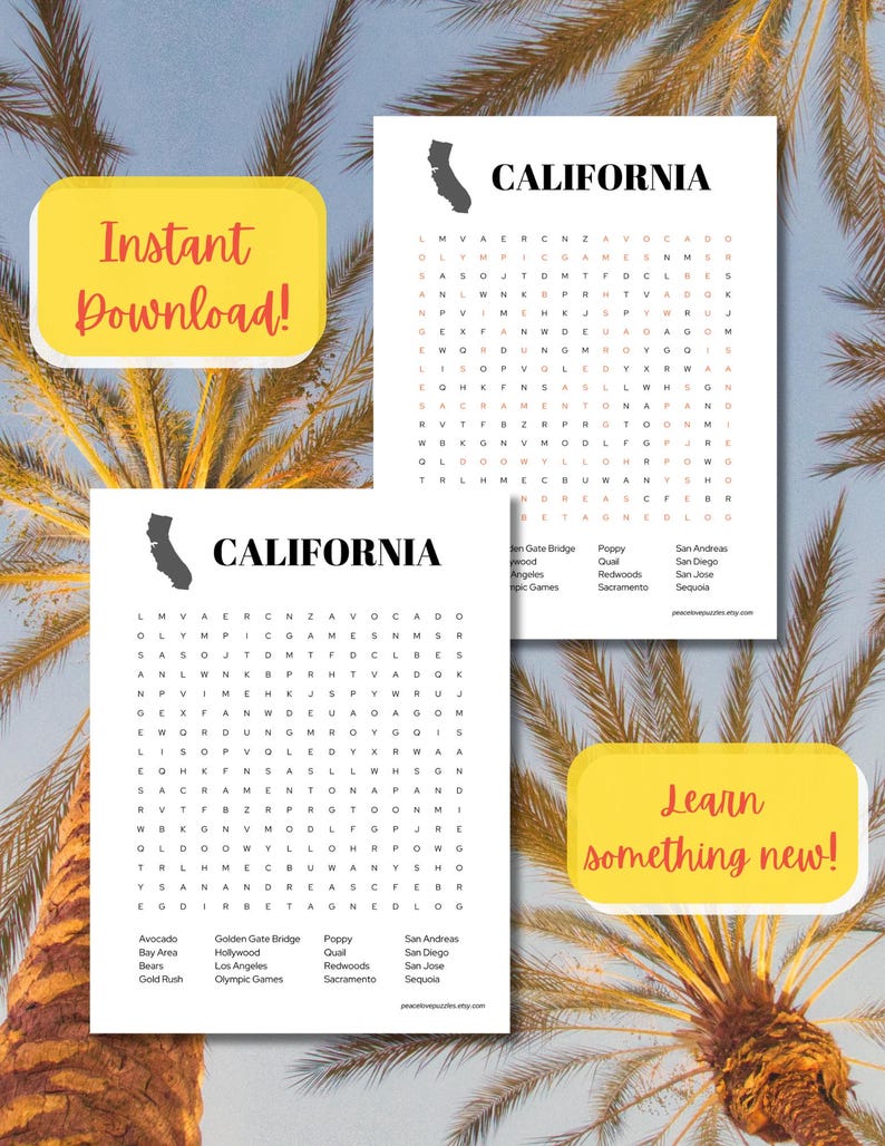 California Word Search Puzzle: Learn & Play (printable PDF) - Etsy