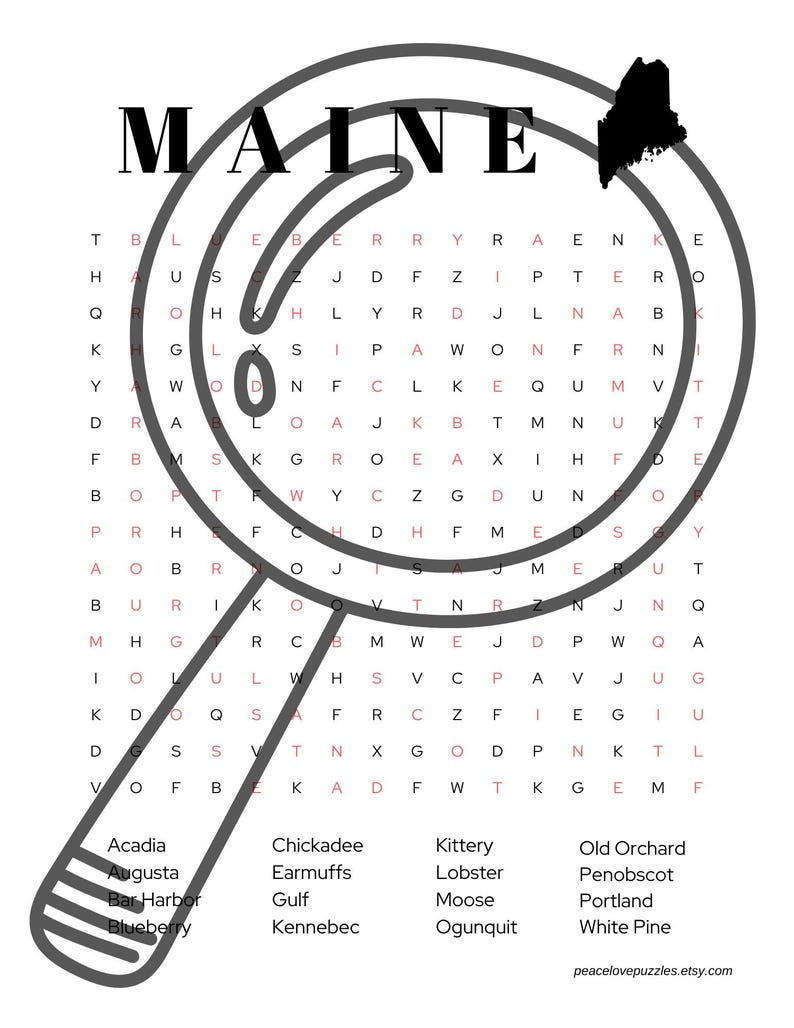 Maine Word Search, Fun Word Puzzle, Learn and Play, US State Word ...