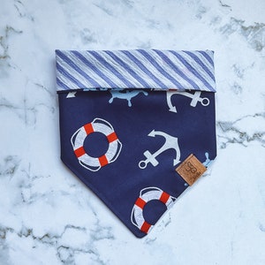 Yo Ho | Nautical, Reversible, Yacht, Sailor, Beach, Ocean, Lake, Red White and Blue, Pet Bandana with Button Snaps