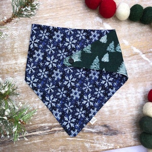 Winter | Blue and White Snowflakes, Snowy Trees, Reversible Bandana for Christmas