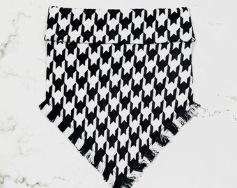 Houndstooth | Reversible Pet Bandana, Frayed Edges, Button Snap Attachment