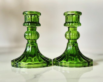 Beautiful vintage style standard size green glass candleholders