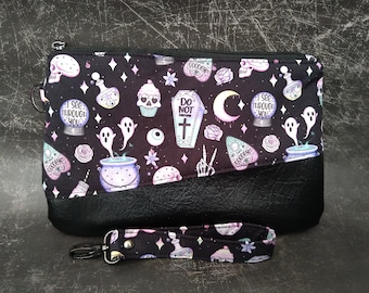 Wristlet clutch, spooky witchy, bag, goth pastel Goth, skulls crystal ball eyes