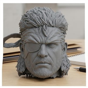 Peut inclure: Un buste en résine grise non peinte représentant une tête de personnage avec des cheveux texturés en épis, un front plissé, une barbe prononcée et un cache-œil sur l'œil droit. La sculpture présente des traits détaillés et un bandeau.
