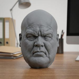 Könnte beinhalten: Eine monochrome graue Skulptur eines kahlen menschlichen Kopfes mit strengem Gesichtsausdruck. Die Büste zeigt eine detaillierte Hautstruktur, ausgeprägte Brauenbögen, tief liegende Augen und einen festen Mund, realistisch dargestellt.