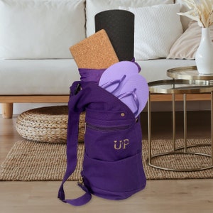 Yoga Tasche Canvas lila für Yogamatte und Blöcke - Yogarucksack - Meditation - Besonderes Yoga Geschenk zu Weihnachten Geburtstag Muttertag