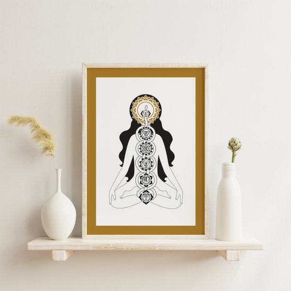 Chakra Yoga Poster - Kundalini Art Print - Chakren Wandbild - Yogastudio Dekoration Meditation Kundalini Awakening Kunstdruck -Gold Edition