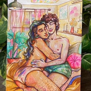 T4T Cozy Couple- Sunny Bedroom Love- 8&quot;x10&quot; Fine Art Print, Queer Couples, Trans Transgender Nonbinary LGBTQ Art, Trans4Trans Love