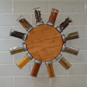 Wood spice rack, wall mounted mid-century modern rotating spice storage image 1