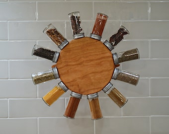 Wood spice rack, wall mounted mid-century modern rotating spice storage