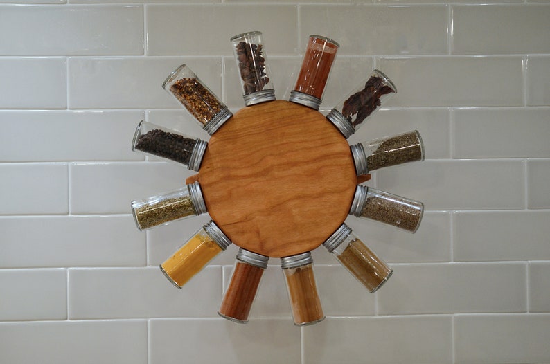 Wood spice rack, wall mounted mid-century modern rotating spice storage image 1