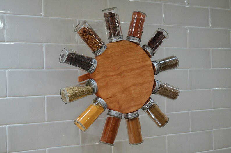 Wood spice rack, wall mounted mid-century modern rotating spice storage image 3