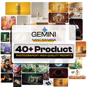 May include: A collage of various product photography images featuring beverages, cosmetics, jewelry, and footwear, centered around a white rectangular overlay with the text GEMINI NANO BANANA and 40+ Product PHOTOGRAPHY HIGH QUALITY PROMPTS.
