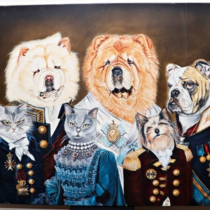 Ariane : « Portrait d'État avec chiens et chats » - Huile sur toile - Belgique - 1990-1999