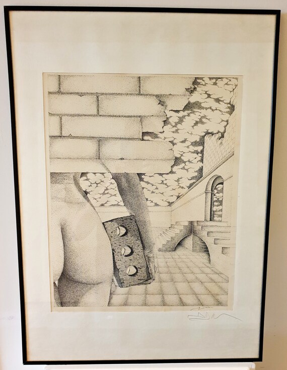 Jacques Dehon: 'Nude with brick' - Pen drawing on paper - Belgium - 1970-1979