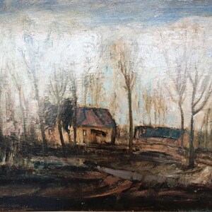 May include: A painting of a landscape with a small house in the middle of a forest. The house is painted in shades of brown and red, and the trees are painted in shades of green and brown. The sky is painted in shades of blue and white.