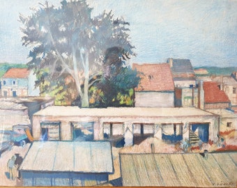 Raymond Dierickx: &#39;View of animated garages&#39; - Mixed Media drawing - Belgium - 1960-1964