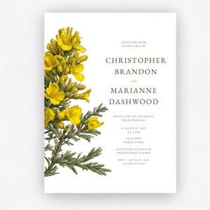 Könnte beinhalten: Hochzeitseinladung mit gelben Blumenillustrationen auf weißem Hintergrund. Die Einladung enthält die Namen Christopher Brandon und Marianne Dashwood sowie Datum, Uhrzeit und Ort der Hochzeit. Der Text enthält auch ein RSVP-Datum und Kontaktinformationen.