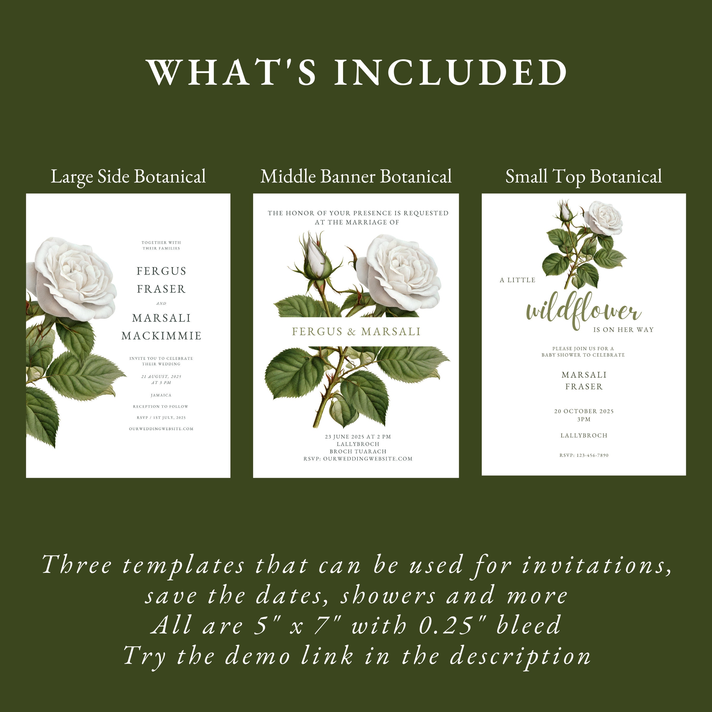 White Rose Botanical Invitation Templates (set of 3) - Etsy