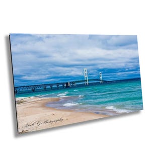 Mackinac Bridge Wall Art - Big Mac Michigan Skyline Fine Art Print -Mackinaw City Architecture Scenic Beach Photography Coastal Canvas Decor