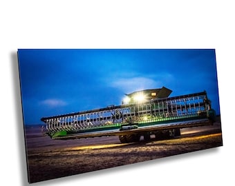 Farmers Harvest Night Scene Canvas Wall Art - John Deere Green Tractor Photo Print - Fall Harvest Central Indiana Farm Life Photo Wall Decor