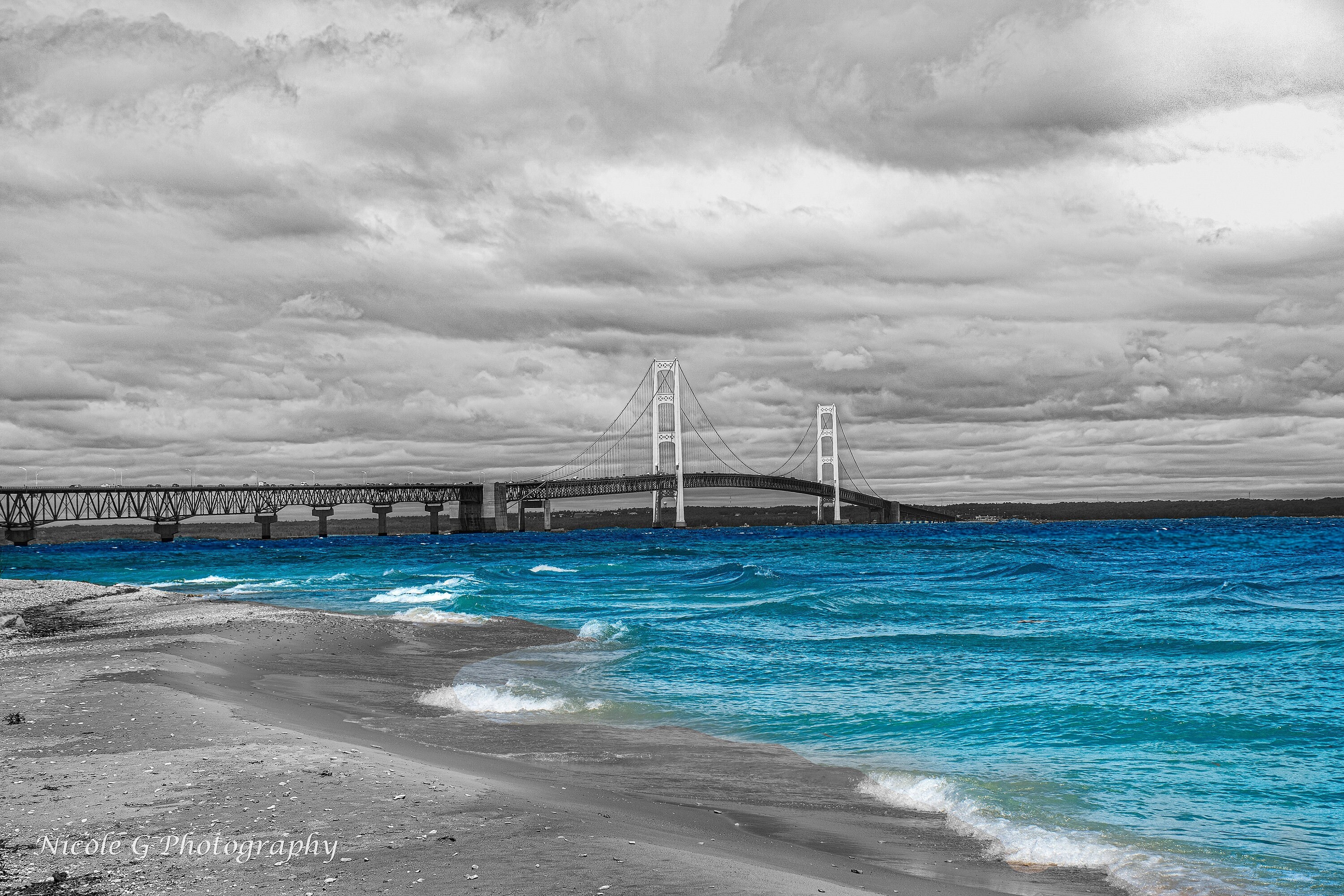 Mackinac Bridge Michigan Skyline Black and White, Big Mac, Mighty Mac, Mackinaw Bridge, Mackinaw City, Mackinac Island Large Canvas Prints