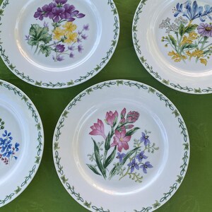 May include: Three white ceramic plates featuring distinct botanical illustrations. Each plate has a green vine border pattern. The top left plate shows purple and yellow flowers, the top right shows blue and yellow flowers, and the bottom plate displays pink and purple flowers.