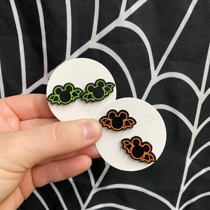Orange and Green Famous Mouse Bat Stud EcoResin Earrings – Halloween Stud Earrings -- Nickel Free Stud Earrings –- Halloween Famous Mouse  -